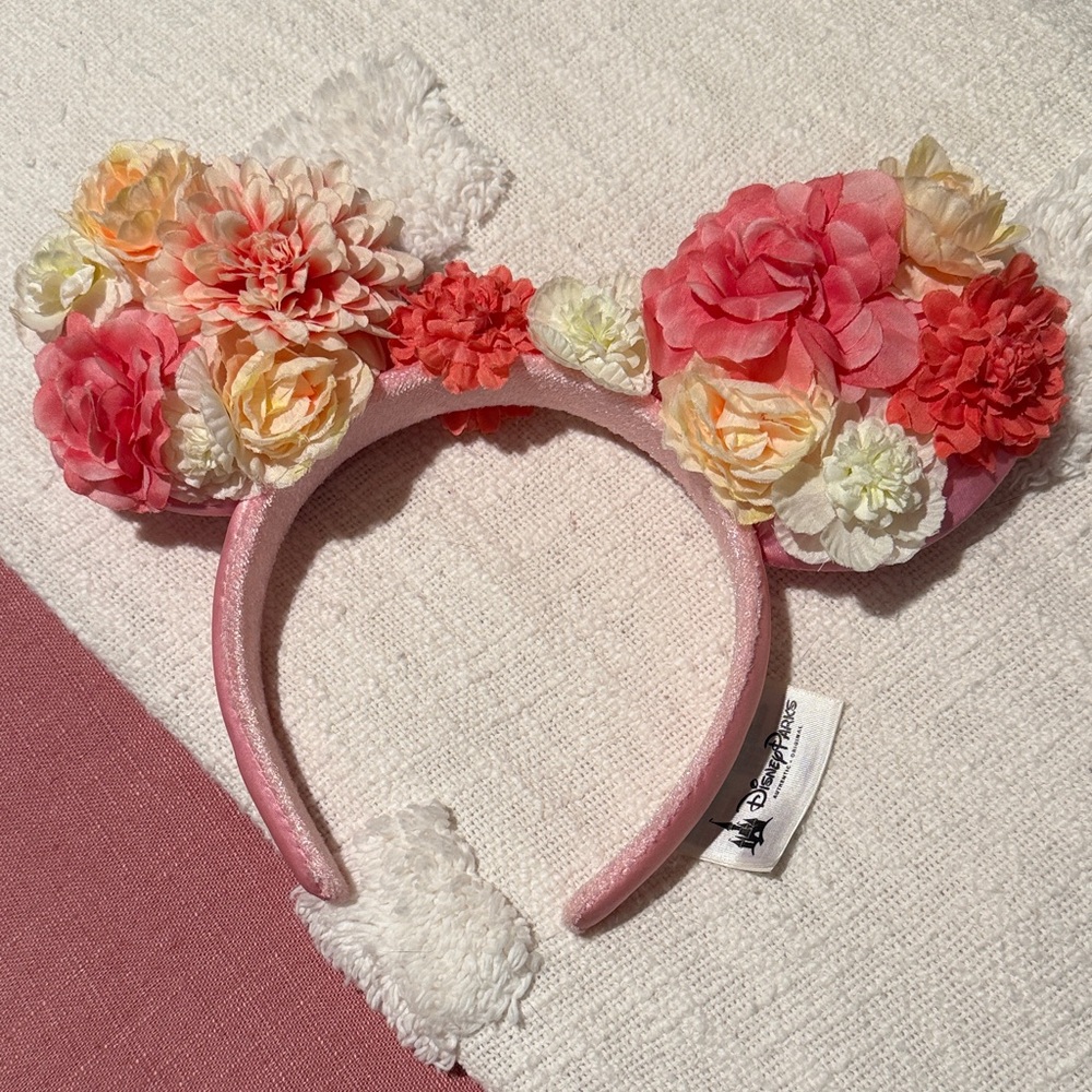 Disney Pink Floral Minnie Ears Headband with Peach and Cream Blooms